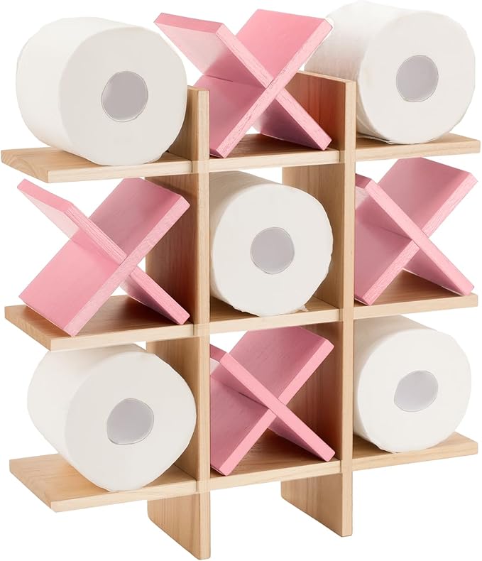 Weysat Tic Tac Toe Toilet Paper Holder Stand Bathroom Wall Decor Rustic Wooden Hanging Storage Freestanding Wall Mounted Shelves Decor for Toilet Tissue Farmhouse(Wood Color, Pink)
