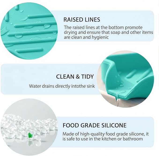 MicoYang Silicone Soap Dish with Drain Spout — Self-Draining Sink Organizer Tray for Bathroom & Kitchen, Holds Bar Soap, Sponges & Dispensers, Non-Slip & Dishwasher Safe, Mint (Small, 4.9"×3.2")