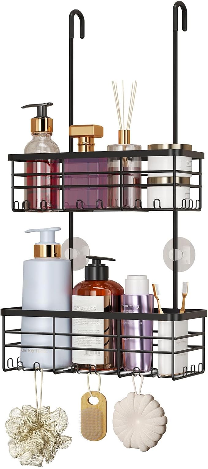 Hanging Shower Caddy Organizer, No Drilling Shower Organizer with Hooks, Black