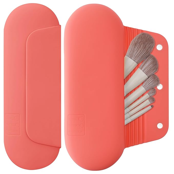 AGIKET Silicone Makeup Brush Holder Travel Cosmetic Bag：Soft Portable Cosmetic Face Brushes Holder with Upgrade Anti-Fall Out Magnetic Closure, Large Travel Makeup Brush Case - Guava