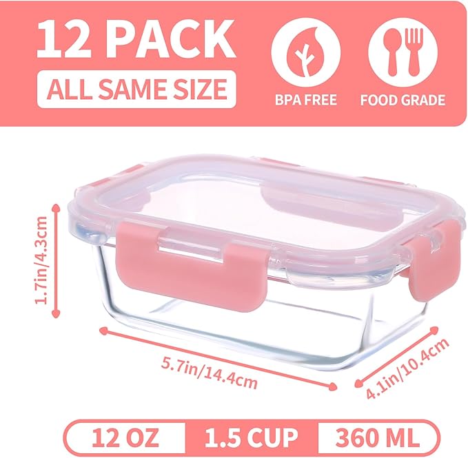 Small Glass Food Storage Containers 12 Pack-12oz Glass Containers with Lids