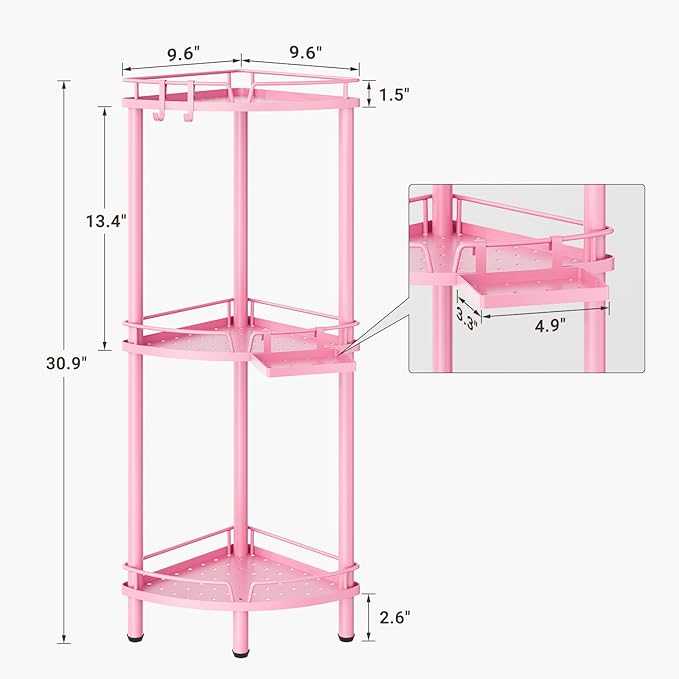 ELYKEN Corner Shower Caddy Standing, 3 Tier Rustproof Metal Shower Organizer with Soap Holder, Floor Shower Corner Shelf Rack Storage Stands with Adjustable Feet & 2 Hooks for Bathroom, Pink