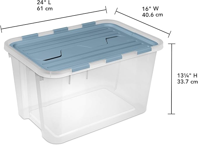 Sterilite 6 Pack Hinged Lid Storage Box, 60 Qt Plastic Container, Washed Blue - Home Organizer Tote for Storing Shoes, Crafts, Clothing, or Decor