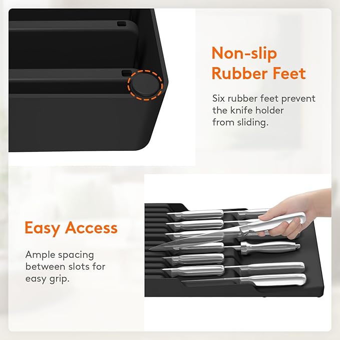 Lifewit Magnetic Drawer Knife Organizers Insert, Kitchen Plastic In Drawer Knife Block Slots, Steak Chefs Knives Holder Storage Sets for 12 Knives and 1 Sharpening Steel, Large, Black