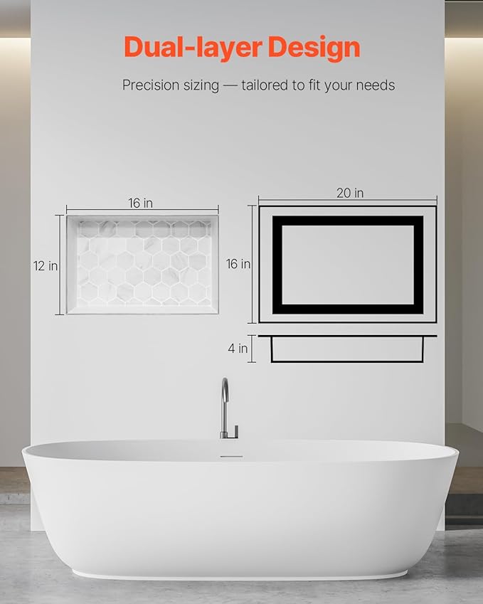 VEVOR Shower Niche, 16 x 20 x 4 inch Recessed Wall Niche with Movable Divider Shelf, Modern Soap & Shampoo Storage Organizer, Square Corners, Sealed Waterproof Design, Black for Bathroom Shower