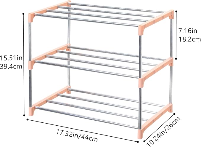Jucaifu Stackable Small Shoe Rack, Entryway, Hallway and Closet Space Saving Storage and Organization (3-Tier, Pink)