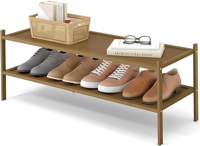Smiry Bamboo Long Shoe Rack, 2 Tier Shoe Organizer for Entryway & Closet, Stackable Free Standing Storage Shelf for Shoes, Bags & Plants, Walnut