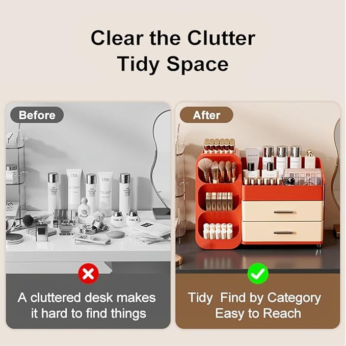 Makeup Organizer with Drawers, Red and Cream