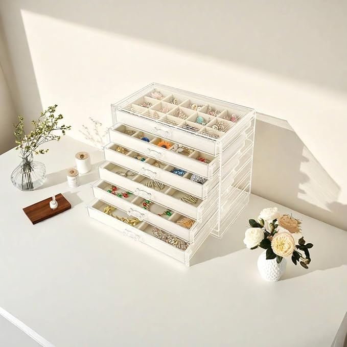 Watpot Acrylic Jewelry Box with 6 Drawers, Beige
