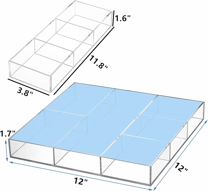 Peohud 2 Pack Acrylic Drawer Organizer Tray, 6/3 Section Clear Makeup Tray Organizer for Drawer, Junk Drawer Storage for Office Desk Supplies and Accessories