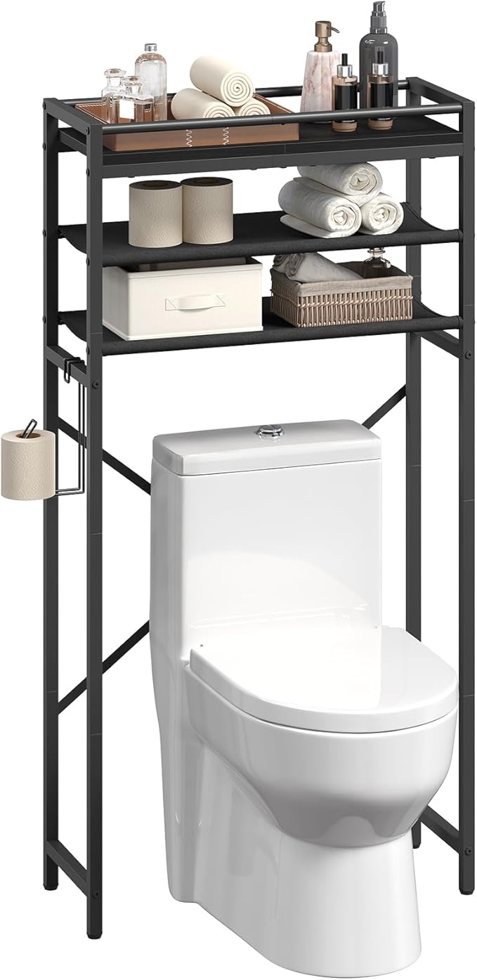 MAHANCRIS Over Toilet Storage, 3-Tier Bathroom Organizer Shelf with Toilet Paper Holder, Freestanding Space Saver Bathroom Shelves Above Toilet for Bathroom, Laundry Room, Black TSBK1201