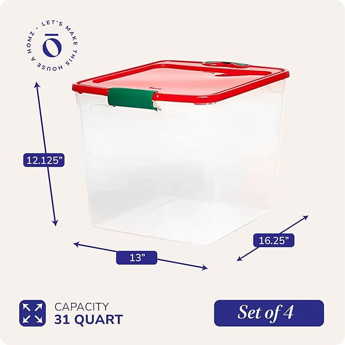 4-Pack Holiday Tote, Plastic Storage Organizer Bins with Lids, 31 Quart
