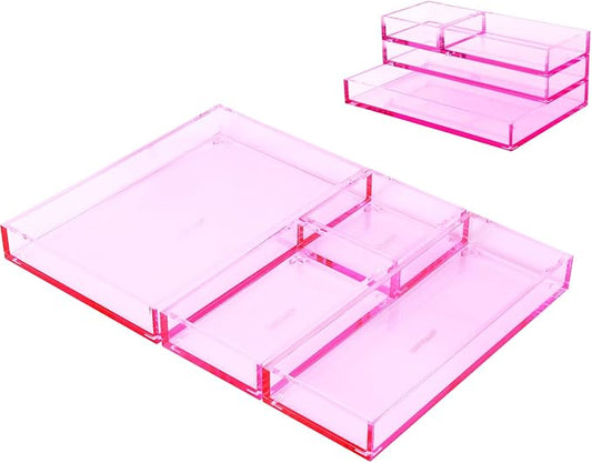 4-Piece Stackable Pink Acrylic Desk Organizer for Office or Home Desk Drawer