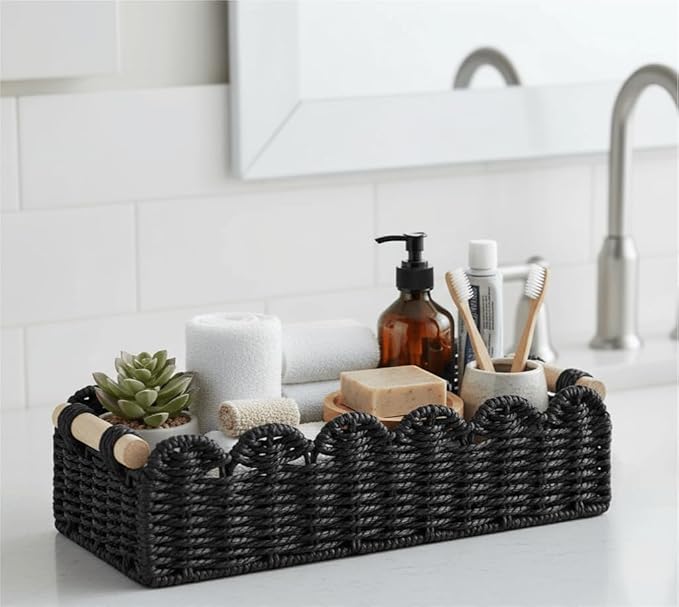 CubesLand Toilet Paper Storage Basket Scalloped Edge Home Decor Basket, Living Room Cozy Decor, Paper Rope Small Baskets for Over Toilet Storage Shelf, End Table, Shelves, with 2 Wooden Handles, Black
