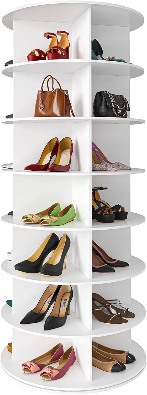 7 Tier Rotating Shoe Rack Tower, Spinning Shoe Display Lazy Susan, Revolving 360 Shoe Rack Storage Round Carousel, Vertical Handbag Rotate Shoes Closet Organization (7-Tier White)