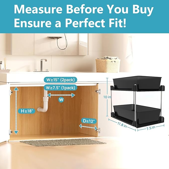 2 Pack Bathroom Organizer,2 Tier Clear Under Sink Organizers Vanity Countertop Storage Container,Cabinet Drawers Bins, Pull-Out Organization with Track for Pantry, Kitchen