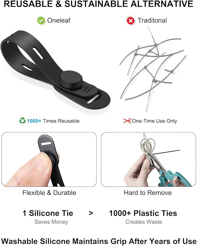 OneLeaf 16Pcs Premium Soft Silicone Cable Ties, Reusable Cord Organizer with Secure Buckle for Phone Charger, Bathroom & Home Organization, Tangle-Free Wire Keepers for Apple Cables - White