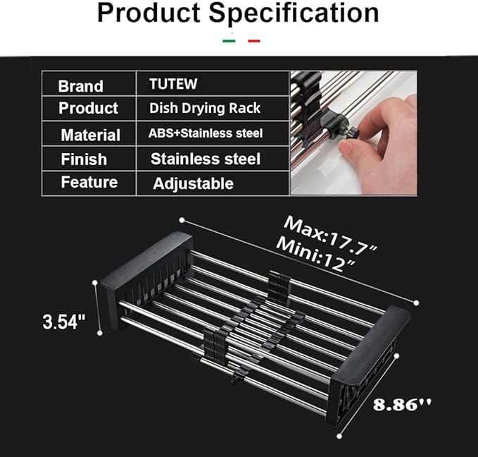 Dish Drying Rack, Over The Sink Dish Drying Rack, Stainless Steel Drainer with Adjustable Arms Holder Functional Kitchen Sink Organizer for Vegetable and Fruit, Black