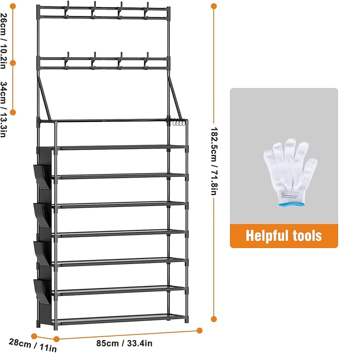 OYREL Shoe Rack 7 Tier Sturdy Shoe Racks for Closet Shoes Organizer for 28-35 Pairs Large Capacity Shoe Storage Rack with Multifunctional 5 Hooks and Side Pocket for Entrance Entryway
