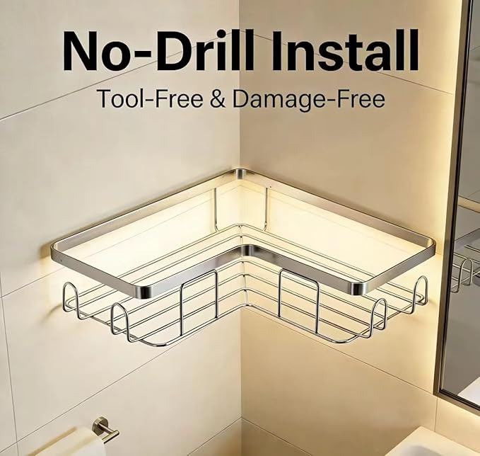 Shower Caddy 2 Pack, Stainless Steel No Drilling Adhesive Bathroom Organizer Shelf Rack, Corner Shower Shelf with Hooks for Home Decor & Storage