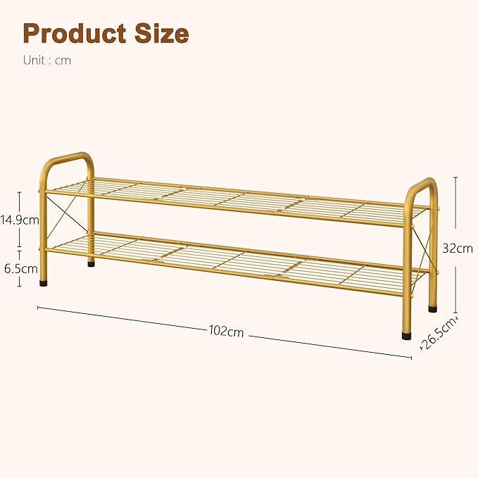 Hoctieon 2 Tier Shoe Rack for Closet, Durable Mesh Style Shoe Rack, Entryway Shoe Shelf, Shoe Storage Organizer for Hallway, Bedroom, Living Room, Wardrobe, Gold
