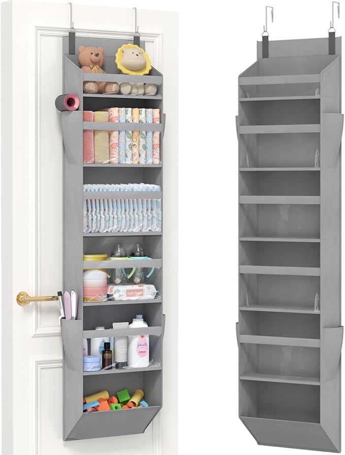 Lifewit 1 Pack Over the Door Organizer, 6 Section Clear Window Hanging Storage with 4 Side Pockets, Sturdy Anti Tilt 40 lbs Load Behind Door for Closet, Bedroom, Bathroom, Nursery, Dorm, Light Gray