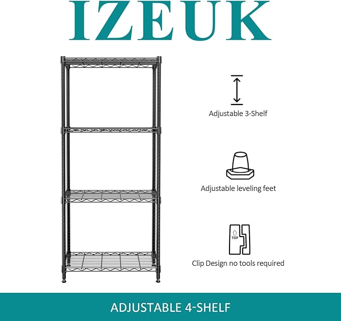IZEUK | 4-Tier Metal Wire Storage Shelves | 13.7 x 23.6X 53.4 | Black | with Adjustable Racks | Steel Shelf |Holds Up to 1000 lbs |No-Tool Assembly | Ideal for Home & Garage Shelving