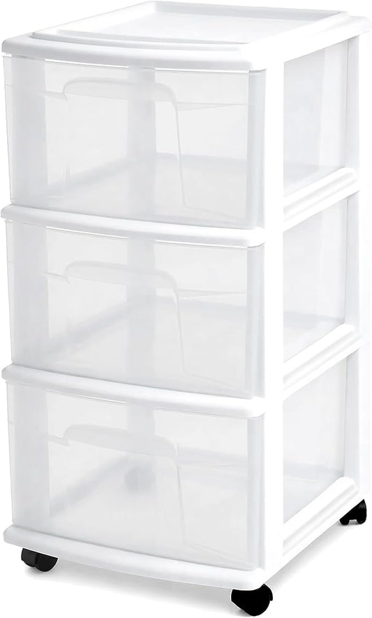 Drawer Tower, 3-Tier Rolling Storage Cart with Removable Wheels, White Frame
