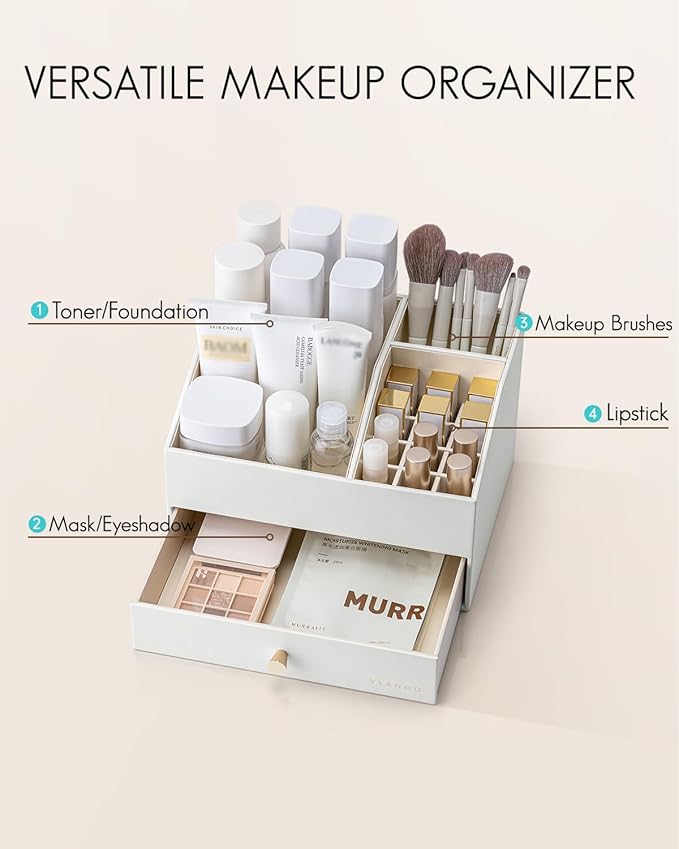 Makeup Organzier, Vanity Organizer with Drawers, Brushes Gifts for Women-White