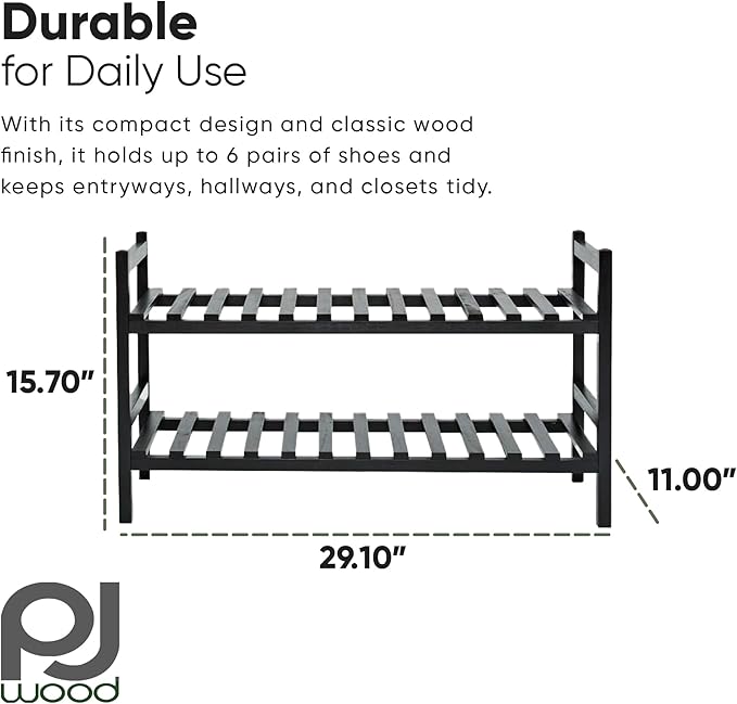 PJ Wood Stackable Wooden Shoe Rack Organizer for Closet Storage, Entryway Shelves, Tiered Cabinet for Shoes, 6 Pair Capacity, Black
