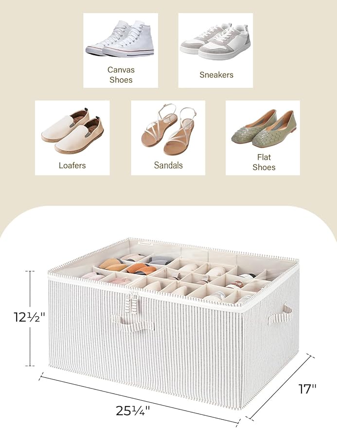 StorageWorks Shoe Organizer for Closet, Fits up to 24 Pairs, Shoe Cubby Storage Containers with Adjustable Dividers and Clear Cover, Khaki and Beige Stripes