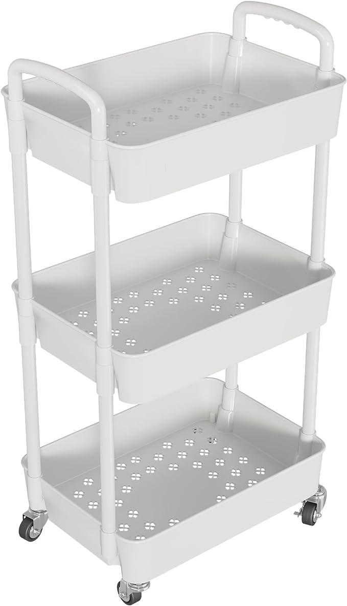 3-Tier Rolling Cart with Wheels, Multifunction Utility Storage Carts, White