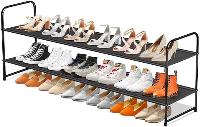 SLEEPING LAMB Long 2-Tier Shoe Organizer for Closet, Stackable Wide Shoe Rack Holds 18-Pairs Low Shoe Shelf Storage for Bedroom, Floor, Entryway(Black)