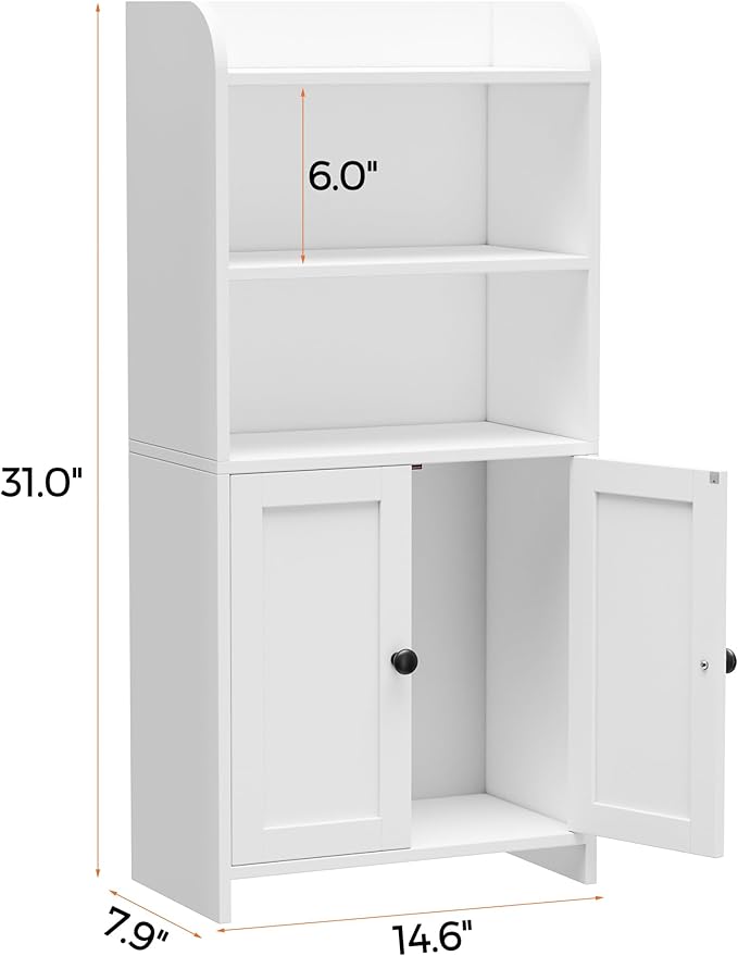 Homhedy Small Bathroom Storage Cabinet, Freestanding Toilet Paper Storage with 2 Doors and Shelves, Bathroom Organizers and Storage for Small Spaces, Laundry Room, 7.9" D x 14.6" W x 31" H, White