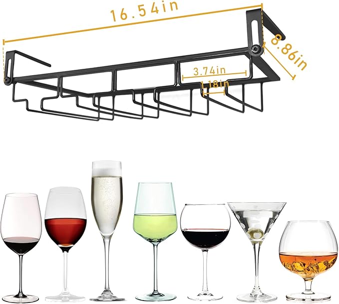 Adjustable Under Cabinet Stemware Holder - Metal Wine Glass Hanger Organizer for Kitchen, Bar, Shelf - Rustproof Hanging Storage Rack for 6-8 Glasses - Space Saving Decor (Black, 4 Rows)