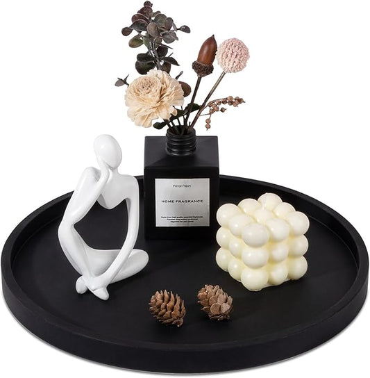 Silicone Bathroom Tray Round Vanity Tray Decorative Soap Holder Kitchen Countertop Organizer Coffee Table Decor for Candle, Perfume, Plant, 12 Inch, Black