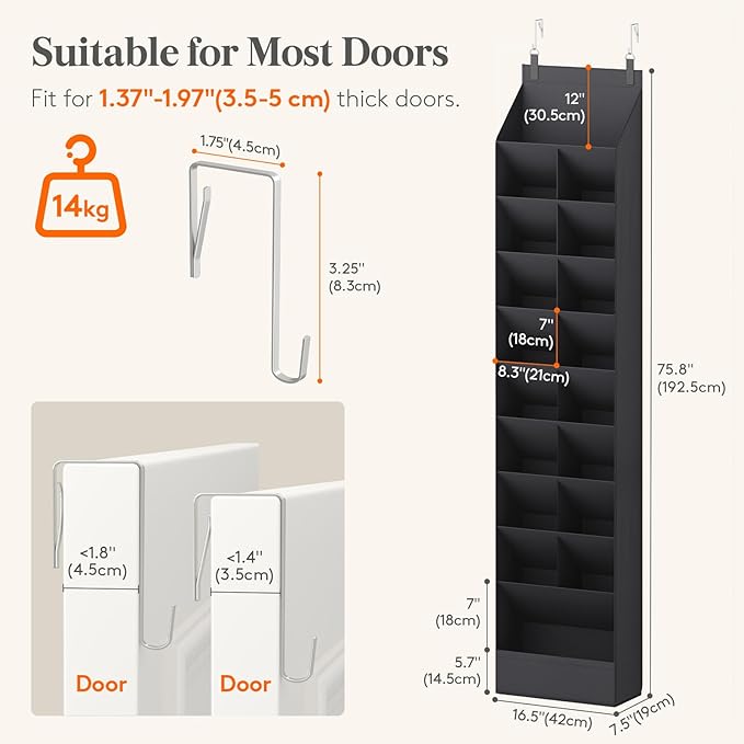 10 Tier Over the Door Shoe Organizer with 19 Large Deep Pockets, Black