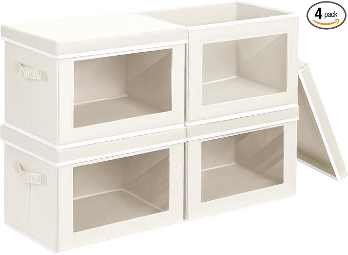 Homsorout Fabric Storage Bins with Lids, Decorative Storage Boxes, Closet Storage Bins with Window, Storage Baskets for Closet, Closet Organizers for Towel, Clothes, Beige, 4-Pack