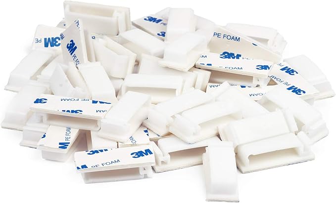 Cable Clips 3M Adhesive, Multipurpose Wire Clamps for Cable Management and Cable Runs - 50 Pack White Bundled with 10 Reusable Cable Ties
