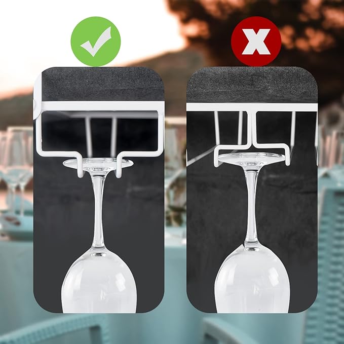 Adjustable Under Cabinet Stemware Holder - Metal Wine Glass Hanger Organizer for Kitchen, Bar, Shelf - Rustproof Hanging Storage Rack for 6-8 Glasses - Space Saving Decor (White, 4 Rows)