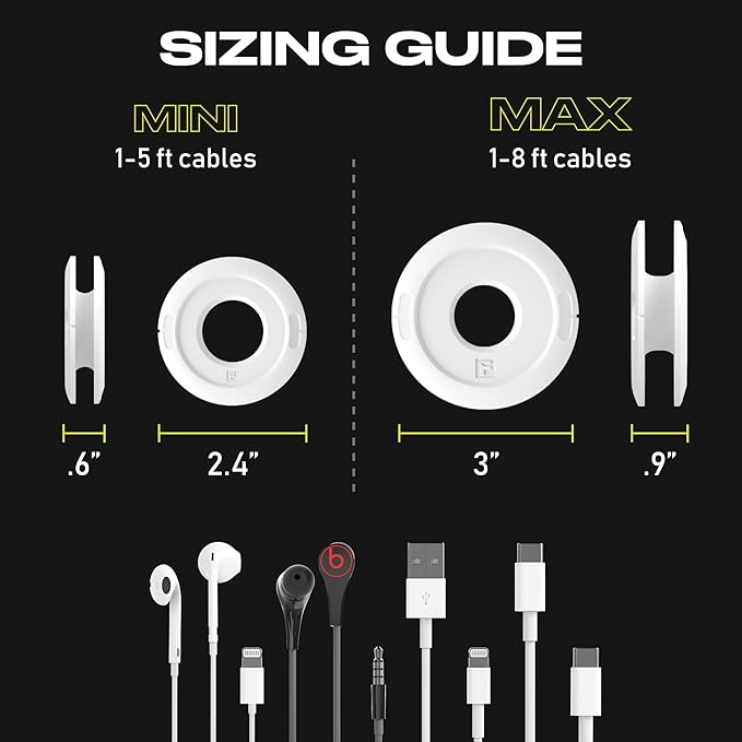 Side Winder Mini and Max Headphone, Earbud and Charging Cable Winder and Organizer Perfect for Wrapping Earbuds and Cords for Travel and Organization (Black, Max)