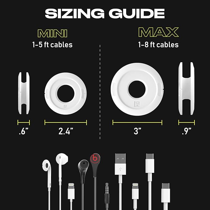 Side Winder Mini and Max Headphone, Earbud and Charging Cable Winder and Organizer Perfect for Wrapping Earbuds and Cords for Travel and Organization 2-Pack (White, Max)
