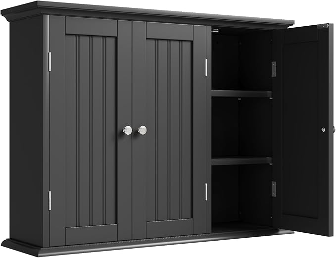 Bathroom Wall Cabinet with 3 Doors, Laundry Cabinet Wall Mounted, Black