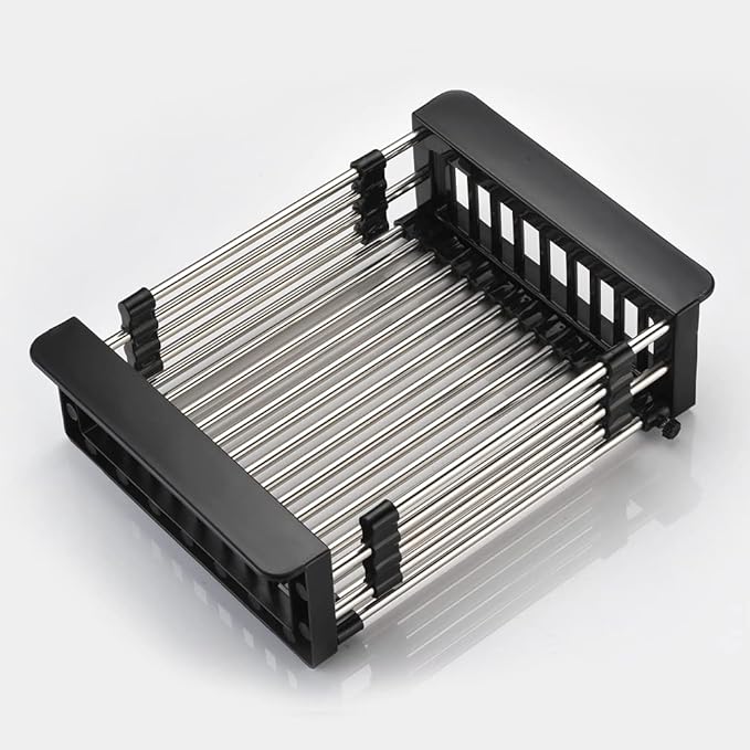 Dish Drying Rack, Over The Sink Dish Drying Rack, Stainless Steel Drainer with Adjustable Arms Holder Functional Kitchen Sink Organizer for Vegetable and Fruit, Black