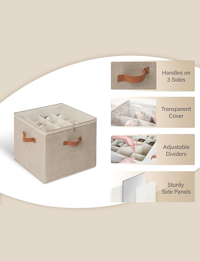 StorageWorks Shoe Organizer for Closet, Shoe Cubby Storage Containers with Adjustable Dividers and Clear Cover, Foldable Shoe Storage Box for Sandals, Sneakers, Fits up to 16 Pairs, Taupe | Fits up to 16 Pairs