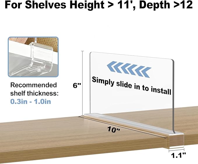 Purse Organizer for Closet Shelf Dividers: 6-inch Tall (Shorter Version) Adjustable Clear Acrylic Bag Storage Organizer for Handbags, Sweaters, Towels, Jeans and Shoes on Wood Shelves 4-Pack
