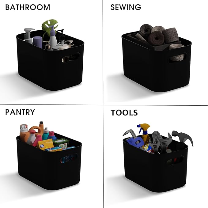 ORGIDOL 12 Pack Black Plastic Storage Bins, Storage Container for Organizing, Storage Boxes with Handle for Shelves, Cute Organizer Bins for Craft, Snacks, Pantry, Cabinet, 8.7x6.7x5.66inch