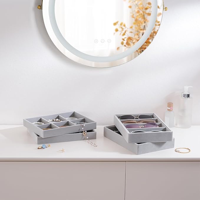 ProCase Stackable Jewelry Organizer Trays for Drawers, Jewelry Drawer Inserts Container Display Case Storage for Earring Necklace Ring Bracelet Sunglasses Glass -Grey, 4 Layers