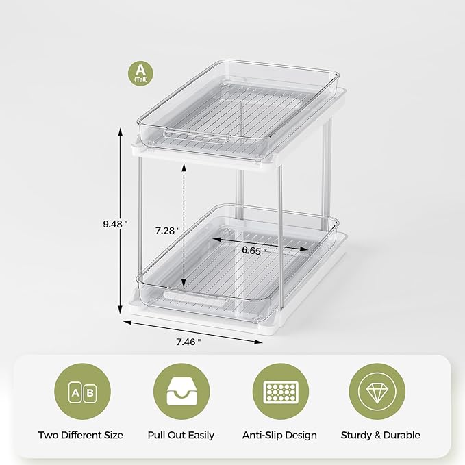 Delamu 2-Tier Bathroom Under Sink Organizers and Storage, Pull Out Cabinet Drawers with Anti-Slip Design, Multi-Purpose Storage for Kitchen, Pantry, Bathroom & Home Organization, White, 1 Pack