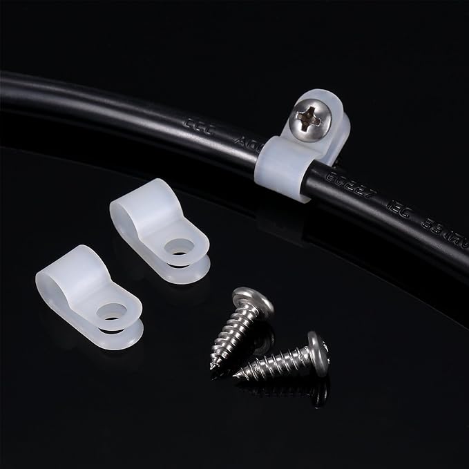 Hicarer 50 Pack R-Type Cable Clip Wire Clamp, Nylon Screw Mounting Cord Fastener Clips with 50 Pack Screws for Wire Management (White,1/4 Inch)